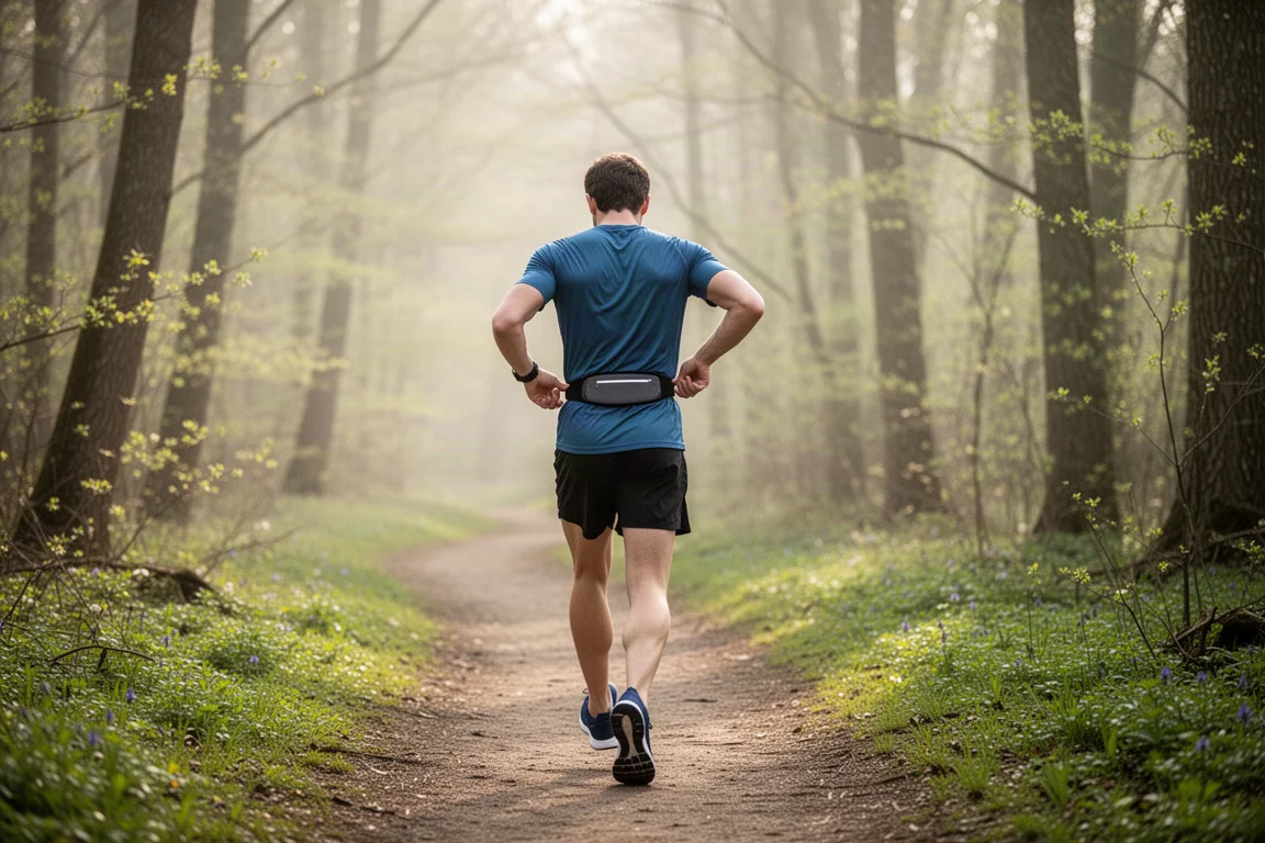 Runner tightening a slim waist belt on a forest trail in soft morning light