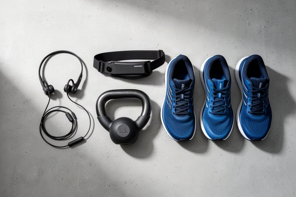 Flat-lay of running gear including headphones, waist belt, kettlebell and three running shoes