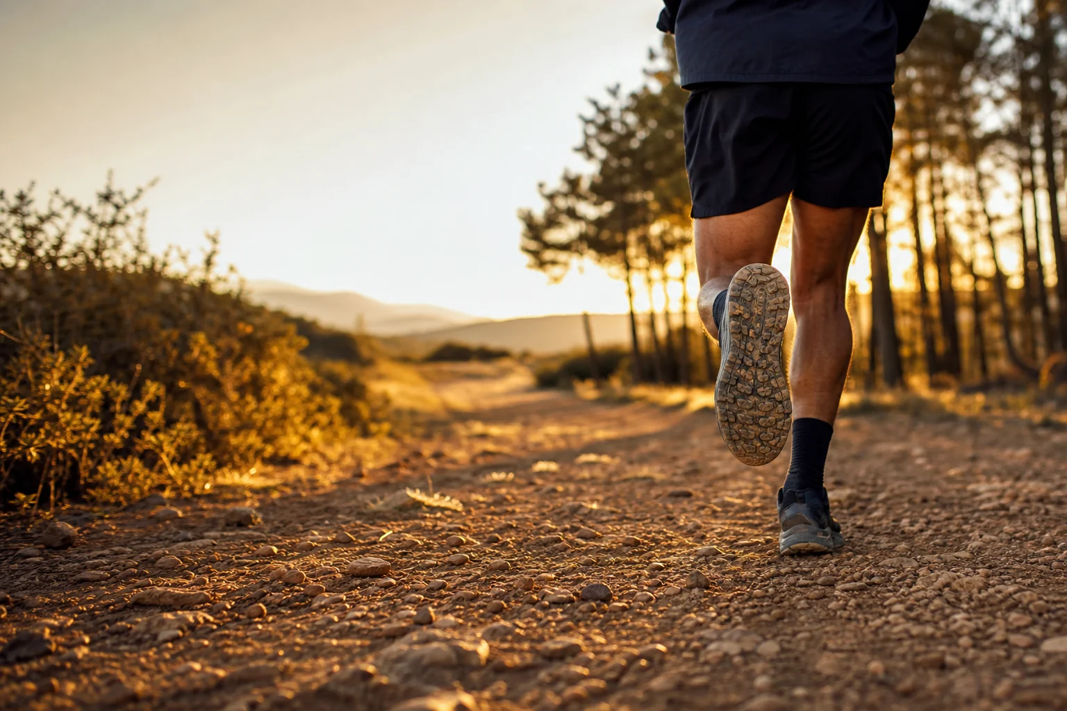Läufer in Bewegung auf einem Trail während der goldenen Stunde mit Bäumen im Hintergrund