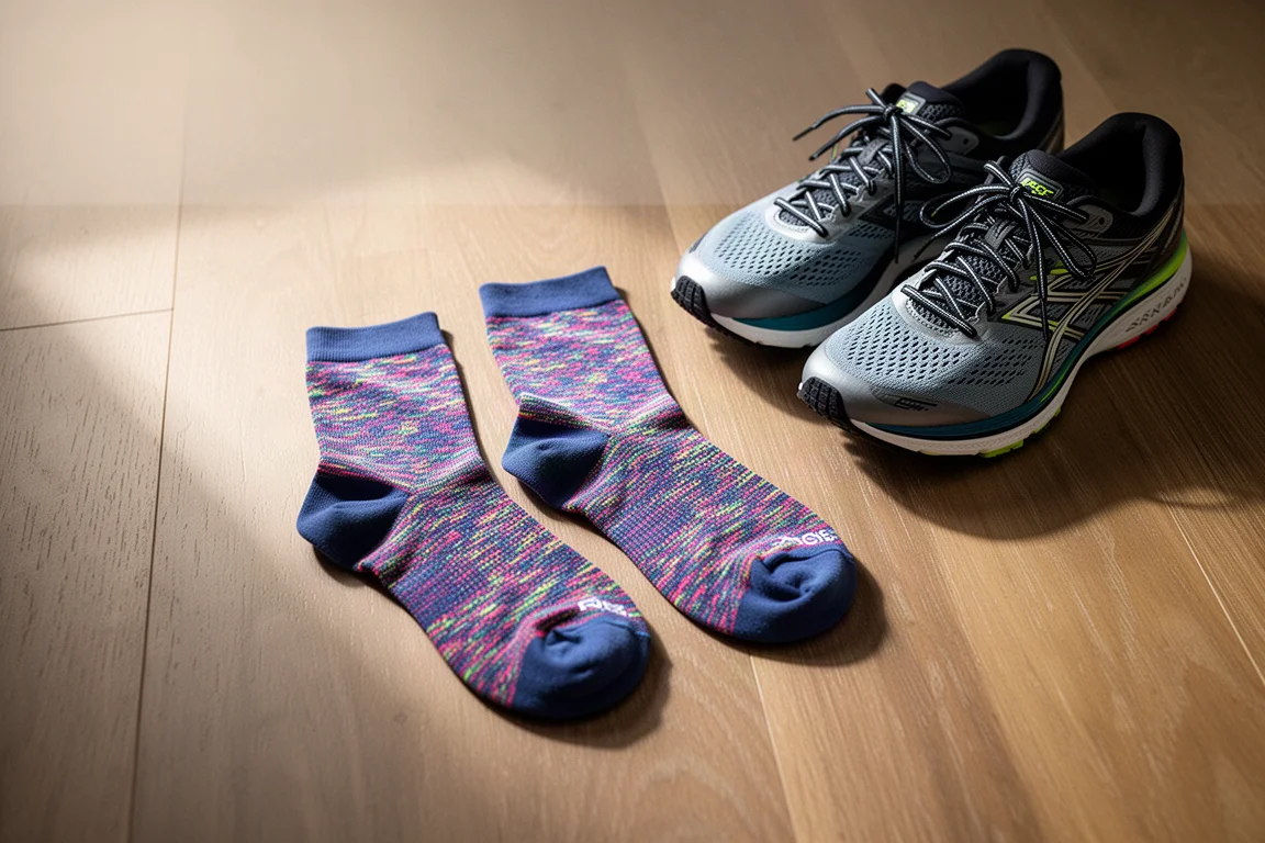 Paar bunte, gemusterte Laufsocken flach auf einem Holzboden ausgelegt