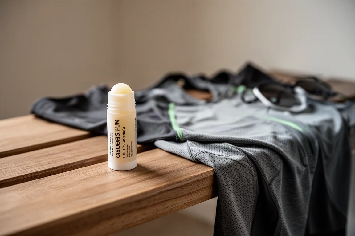 Läufer, der vor dem Lauf einen Roll-on-Balsam auf das Unterschenkel aufträgt