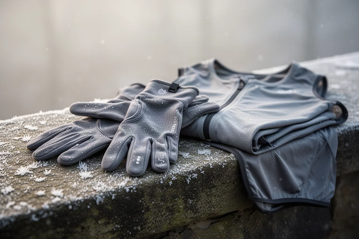 Winterlaufhandschuhe auf einer Steinmauer neben einer Laufweste