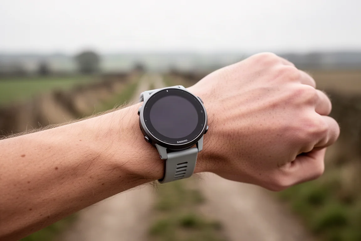 GPS-Sportuhr am Handgelenk, die ein pausiertes Lauftraining anzeigt