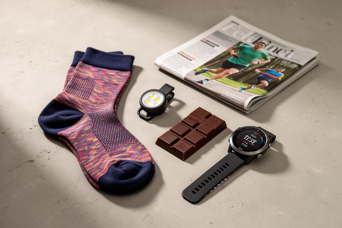 Flat-lay of running gifts including socks, clip light, chocolate, magazine, and GPS watch