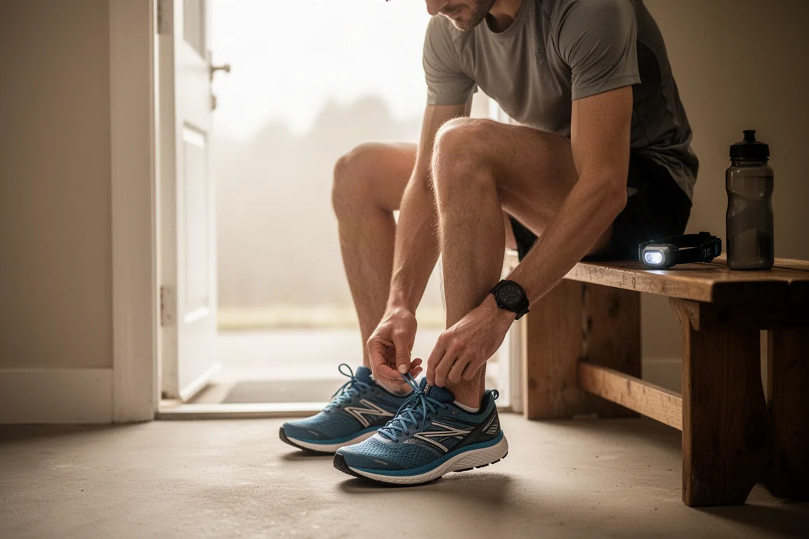 Runner lacing up shoes at a bright doorway before an early morning run