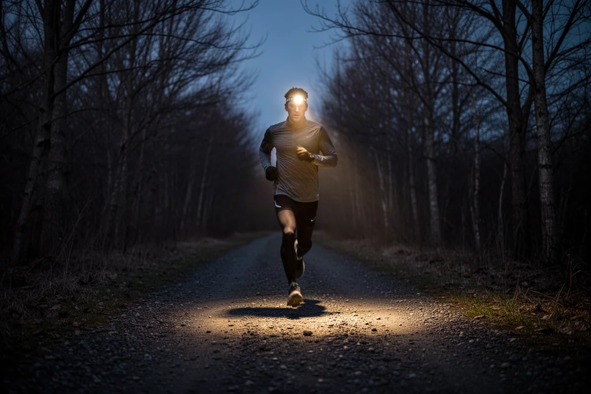 Runner wearing a head torch on a dark trail at night