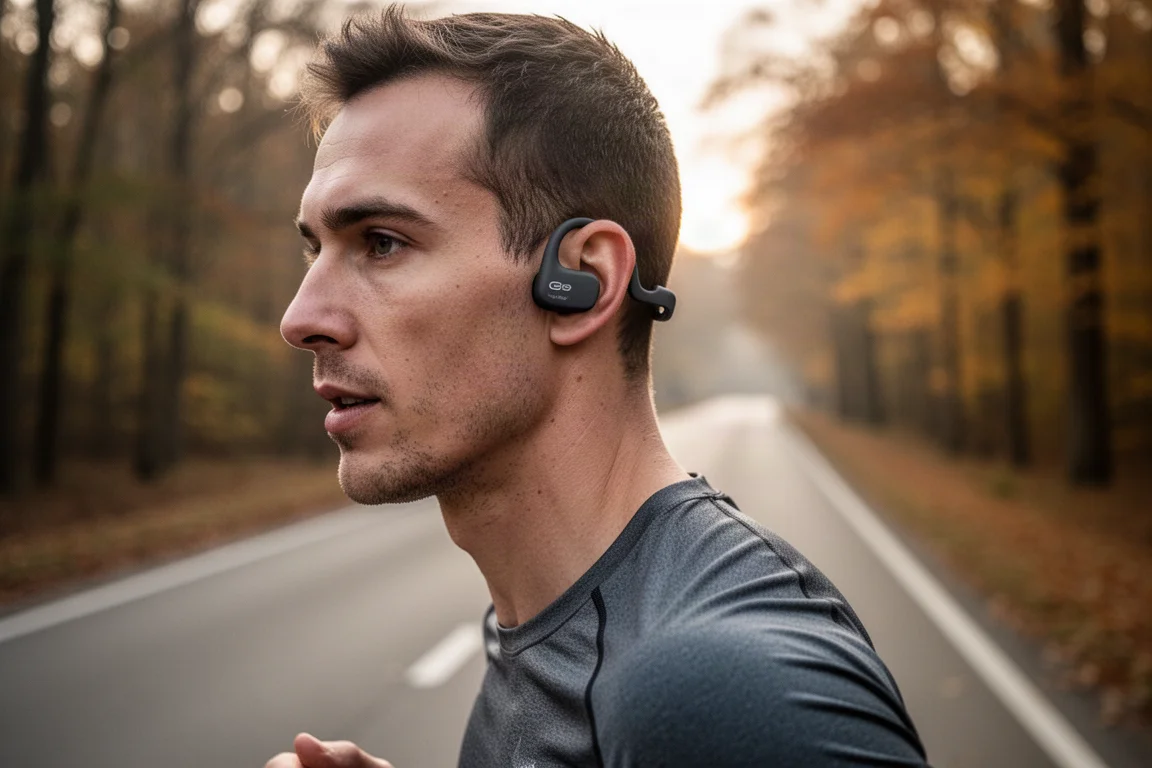 Runner on a quiet road at dawn wearing open-ear bone conduction headphones