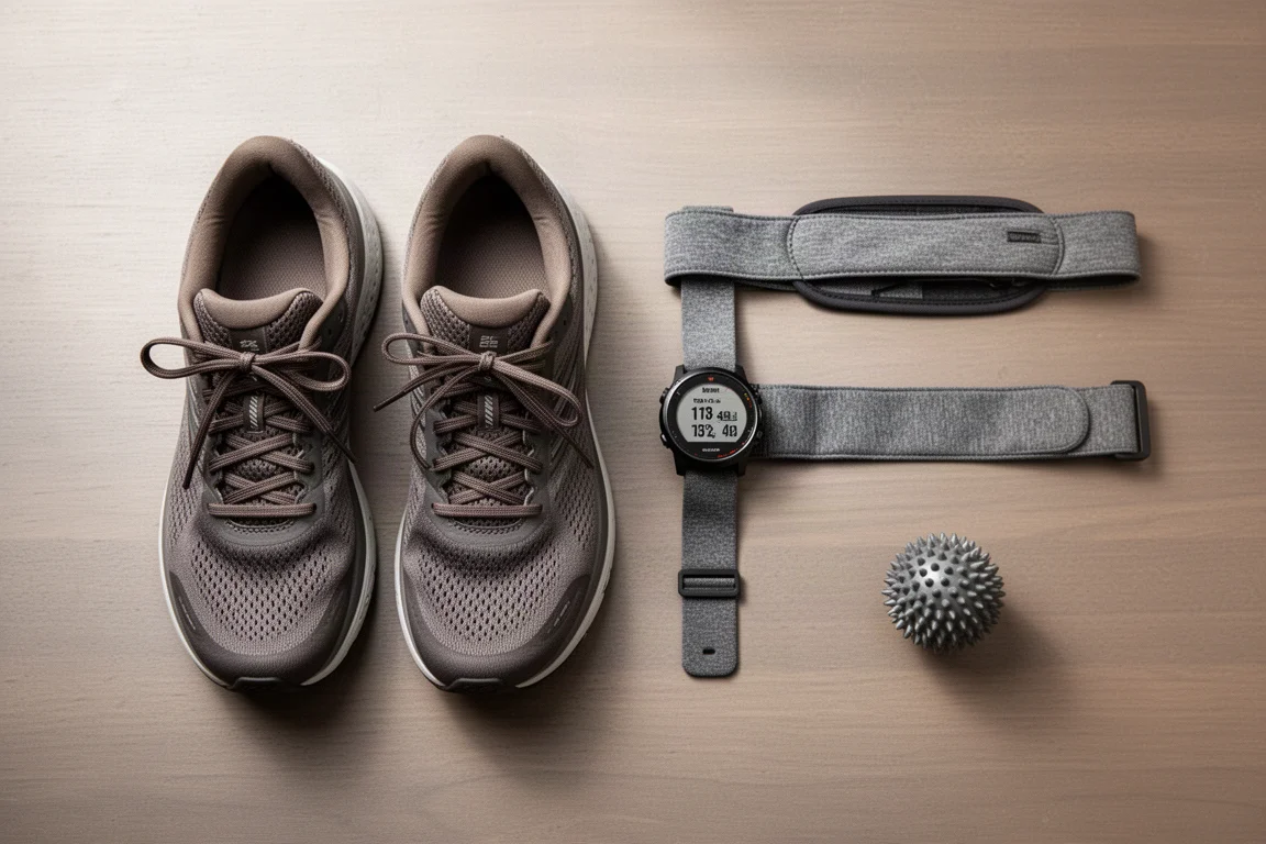 Running shoes, a GPS watch and accessories on a wooden table, none of them ideal gifts