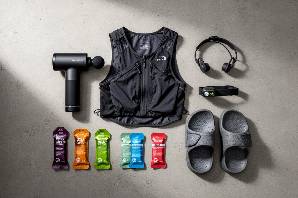 Flat-Lay mit Laufgeschenken: Massagegun, Race-Pack, Kopfhörer, Stirnlampe und Gels