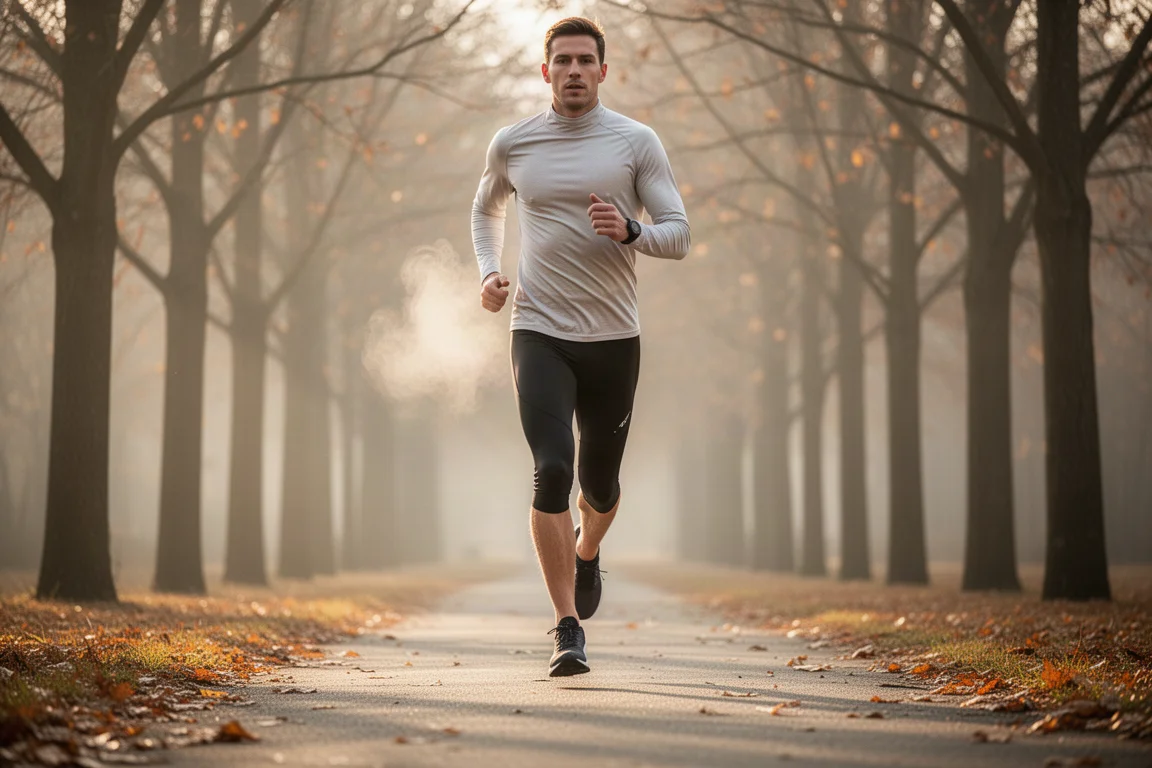 Runner in strak zittende half tights tijdens een frisse herfstochtend