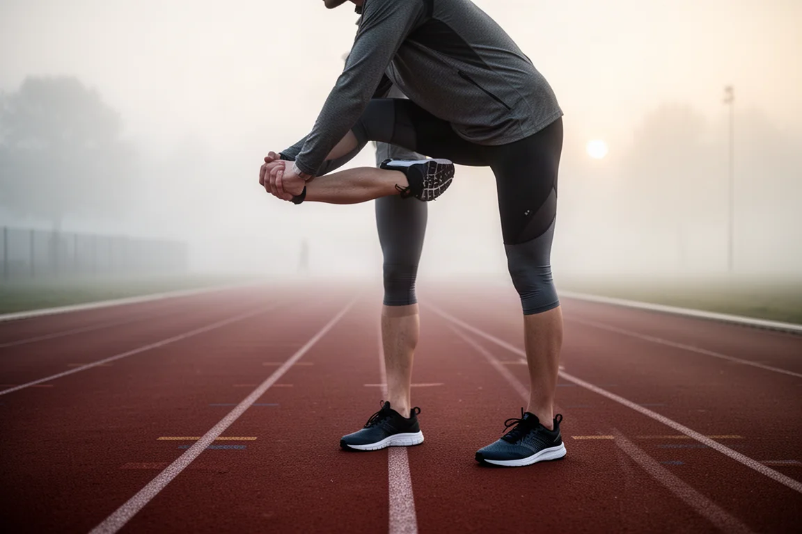 Runner die hamstrings en quadriceps opwarmt op een baan voor een training