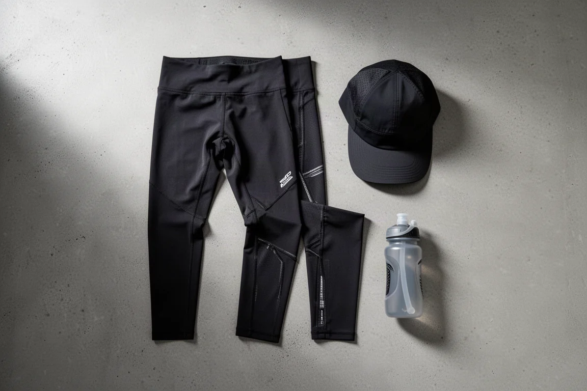 Van bovenaf gefotografeerde platte lay-out van running half tights en kleine hardloopaccessoires