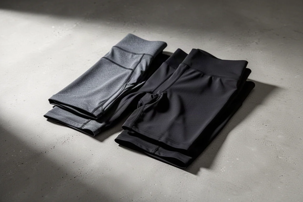 Three pairs of black running half tights folded on a concrete surface