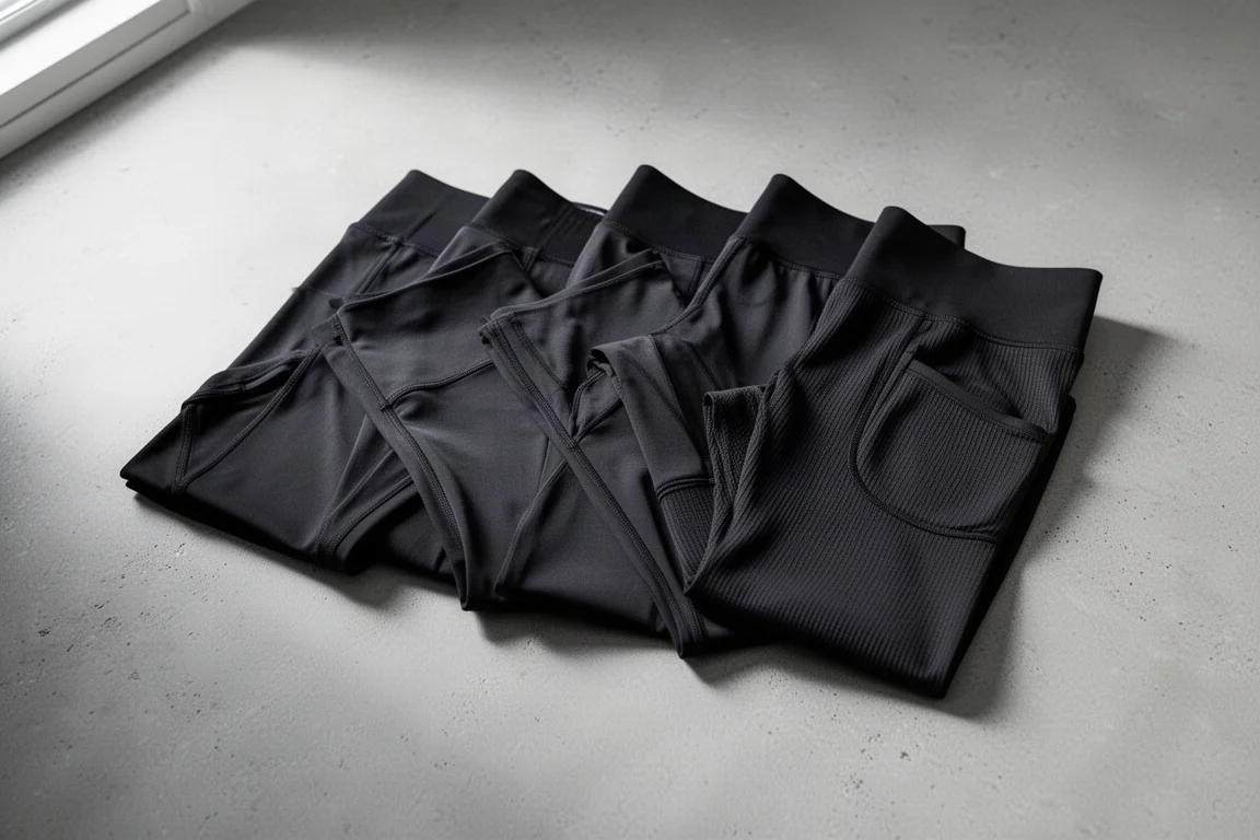 Mehrere Paare schwarzer Running Half Tights, in einer Reihe auf einer Betonfläche gefaltet