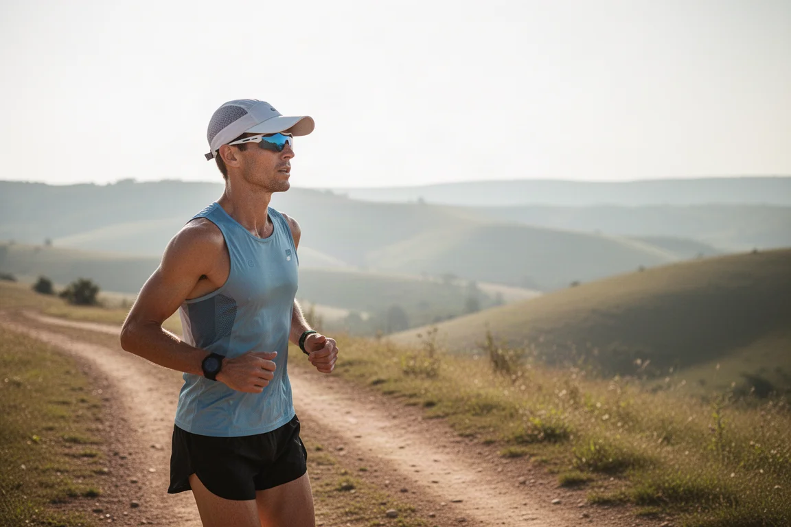 Läuferin hält auf einem sonnenbeschienenen Trail inne, mit leichter Cap und Sonnenbrille