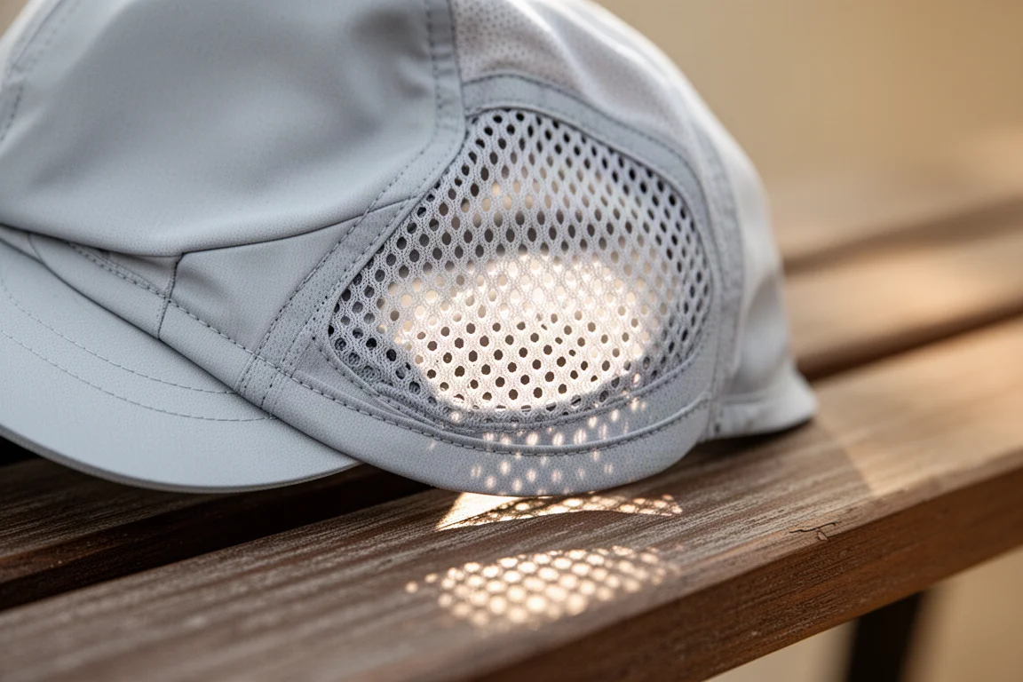 Nahaufnahme eines atmungsaktiven Mesh-Cap-Einsatzes, durch den Sonnenlicht fällt