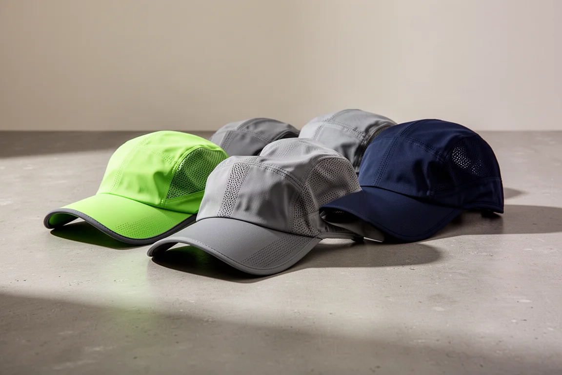 Row of lightweight running caps in various colors on a concrete surface