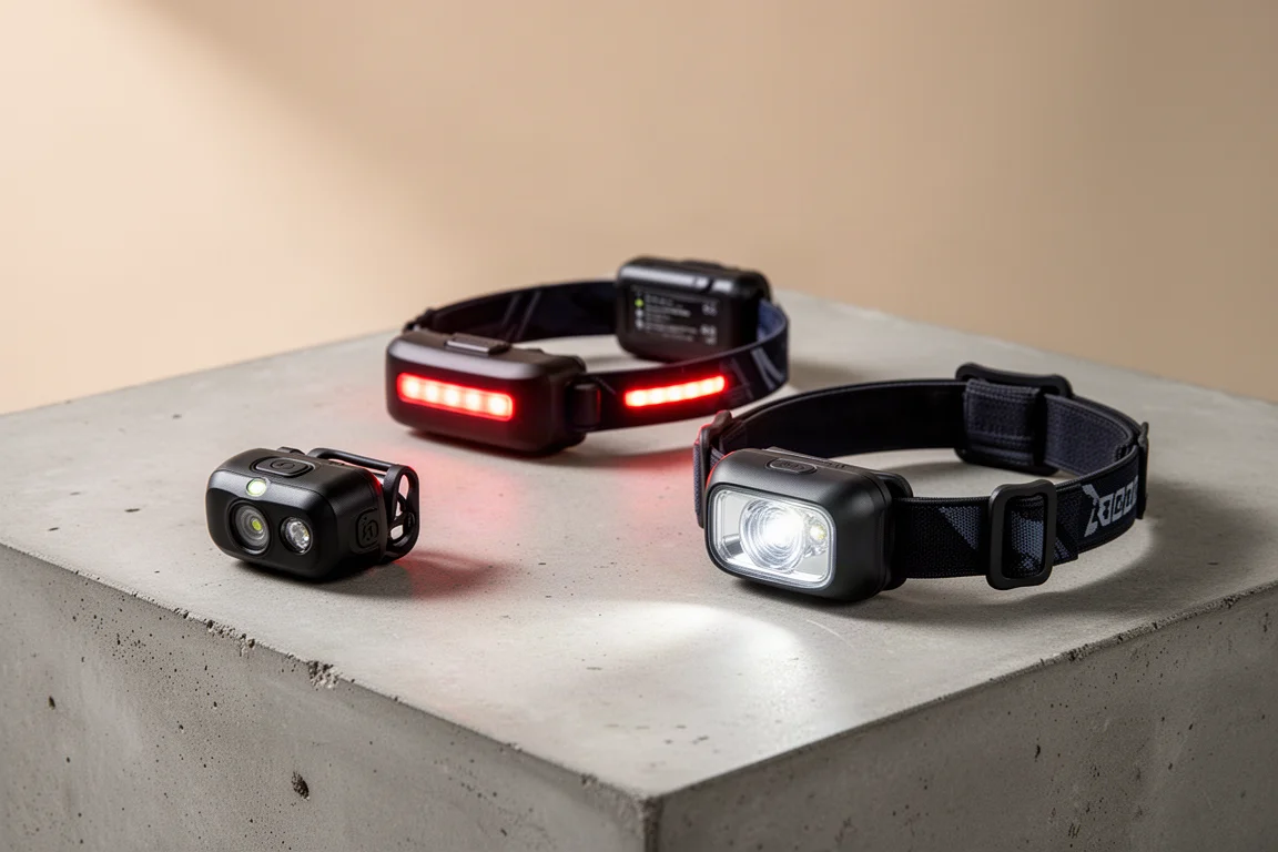 Three running lights: compact headlamp, long-burn headlamp, and waist-mounted light belt on concrete