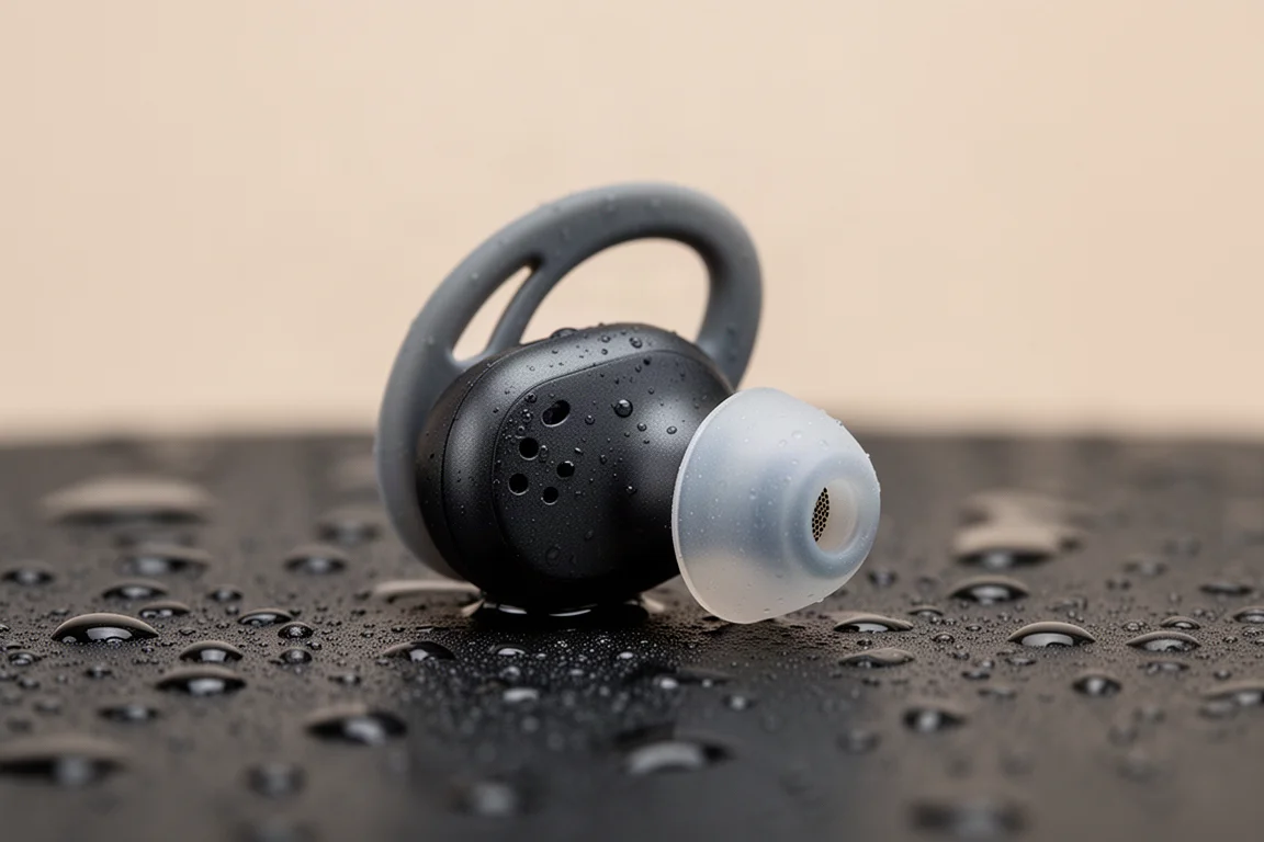 Vista cenital de una mesa de coworking con un portátil, una taza y unos auriculares blancos ligeros