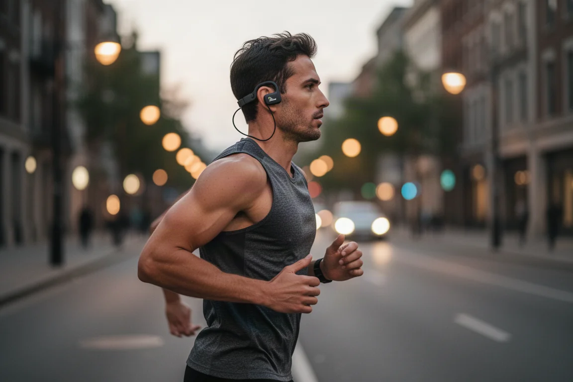 Composición plana con zapatillas de correr, gorra, blando matraz y una funda compacta de auriculares sobre hormigón