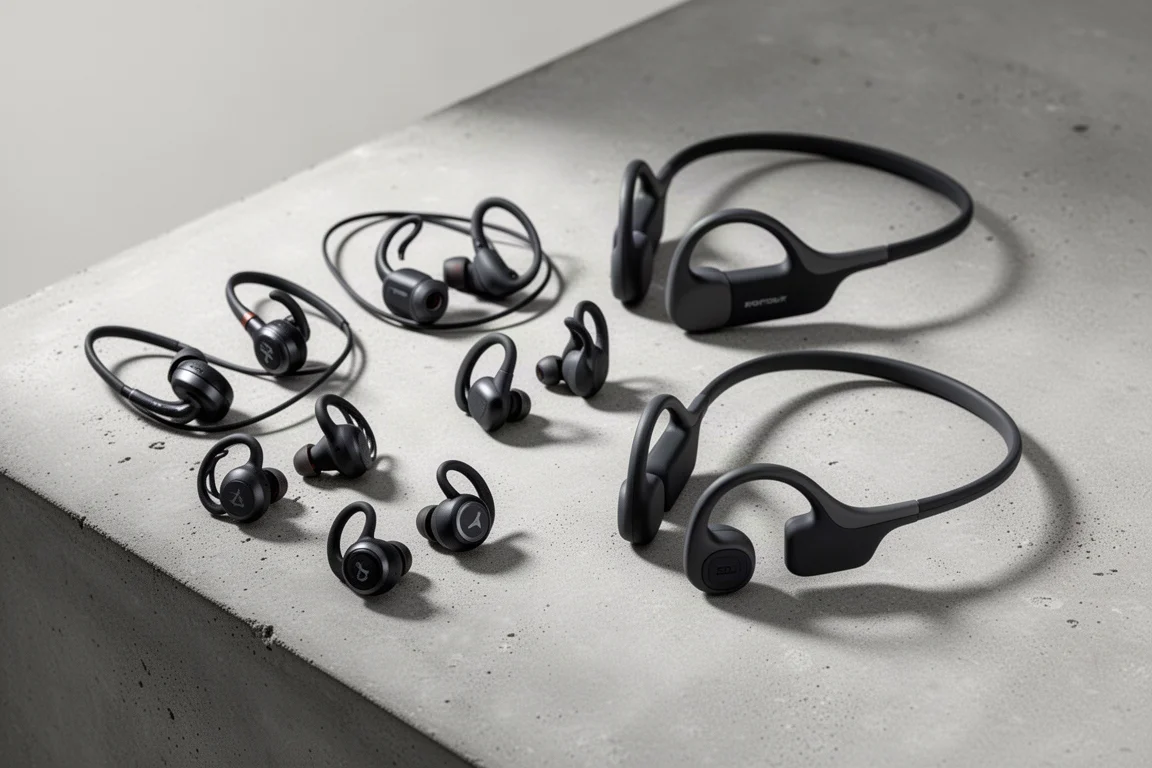Wireless running earbud cases, an open-ear headset, a cap, and a running belt on concrete
