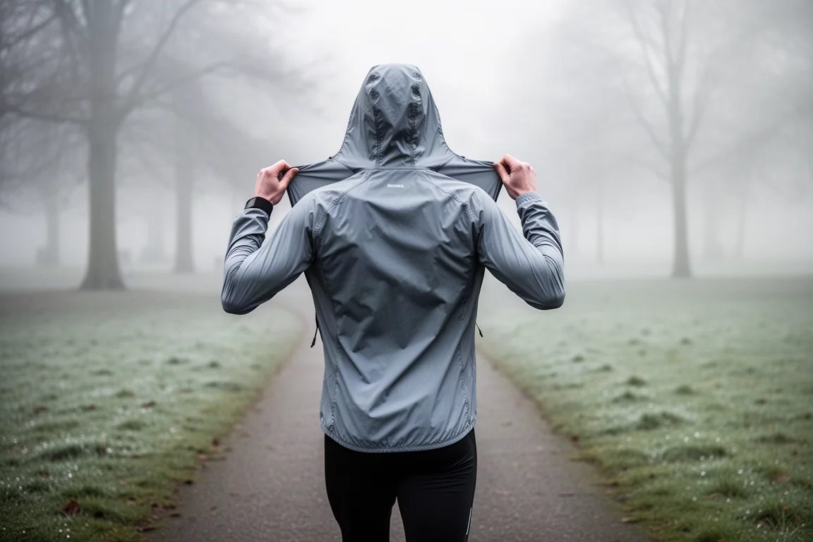 Runner che sistema una giacca da running con cappuccio leggera su un sentiero fresco del mattino