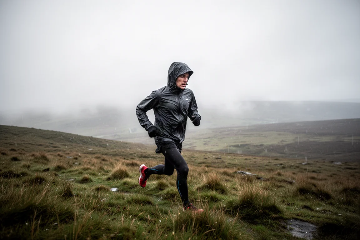 Trail runner su una collina battuta dal vento con tempo umido, con giacca impermeabile