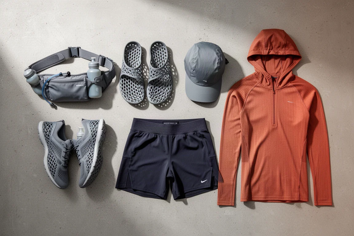 Flat-lay of running hydration belt, recovery sandals, cap, shorts and hoodie on concrete