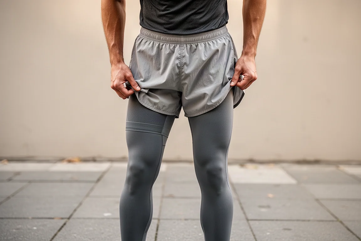 Runner fastening the waistband of compression half tights under lightweight shorts