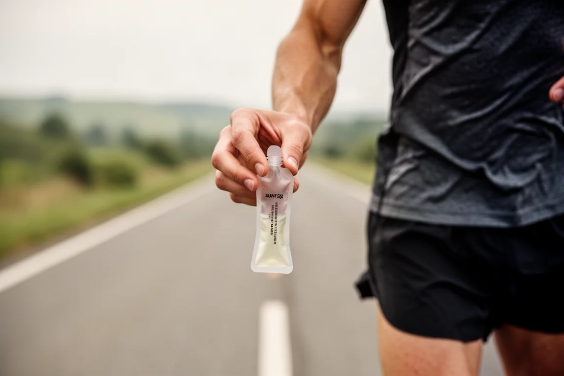 Runner holding a slim energy gel sachet during a long road run