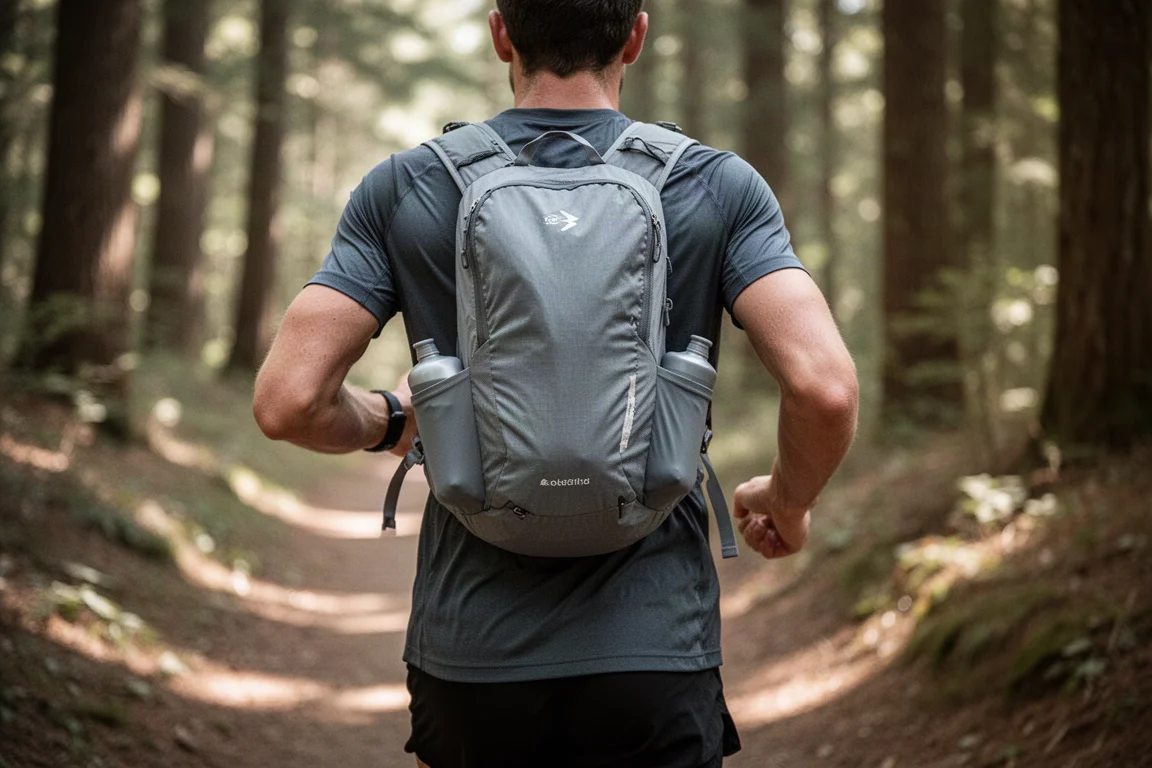 Trail runner wearing a compact grey hydration backpack on a forest path