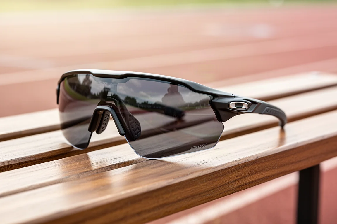Close-up of sport sunglasses with a large visor lens resting on a wooden bench