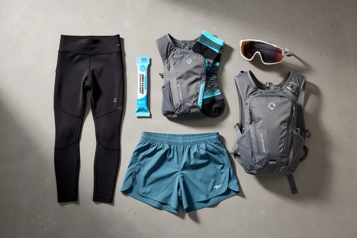 Flat-lay of running gear including half tights, gel sachet, socks, shorts, backpack, and sunglasses