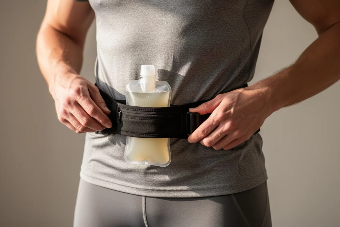 Runner fastening a soft flask into a slim waist belt before a race
