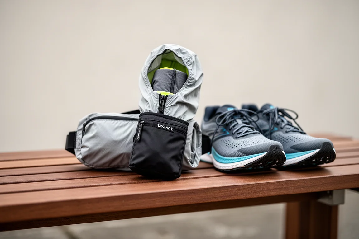 Packable hooded running jacket rolled into its own waist pouch