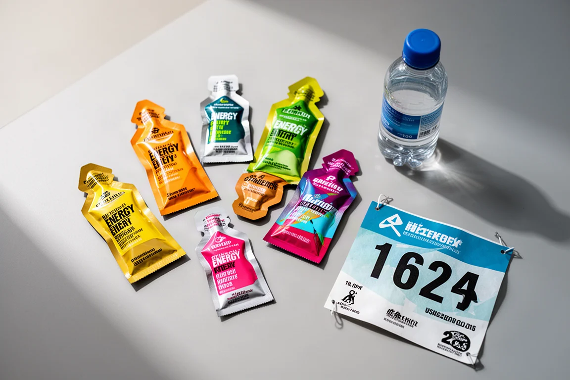 Energy gel sachets laid out on a table beside a water bottle
