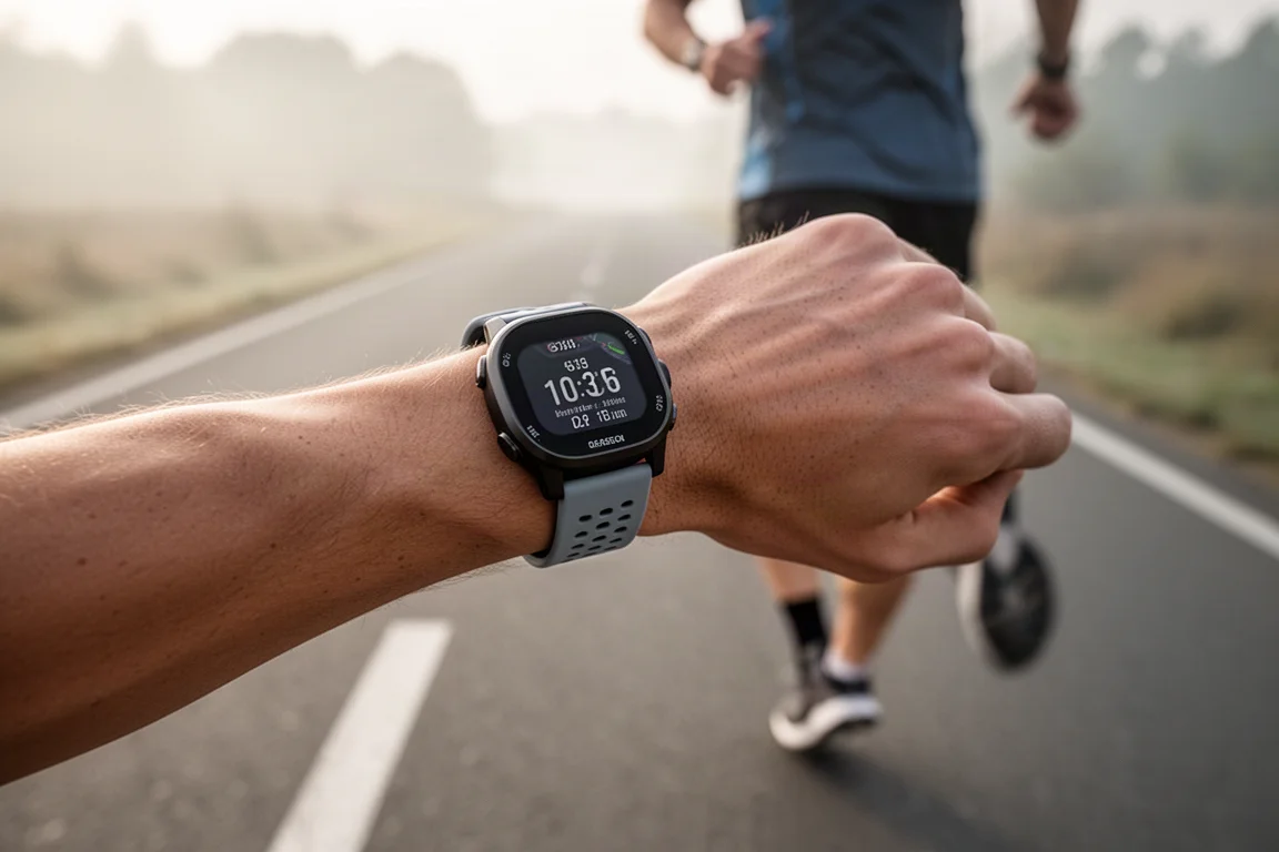 Runner checking a GPS sports watch mid-run on a quiet road