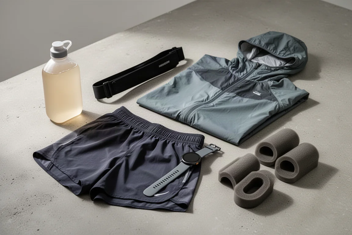 Flat-lay of running essentials including belt, flask, shorts, jacket, watch and recovery sliders