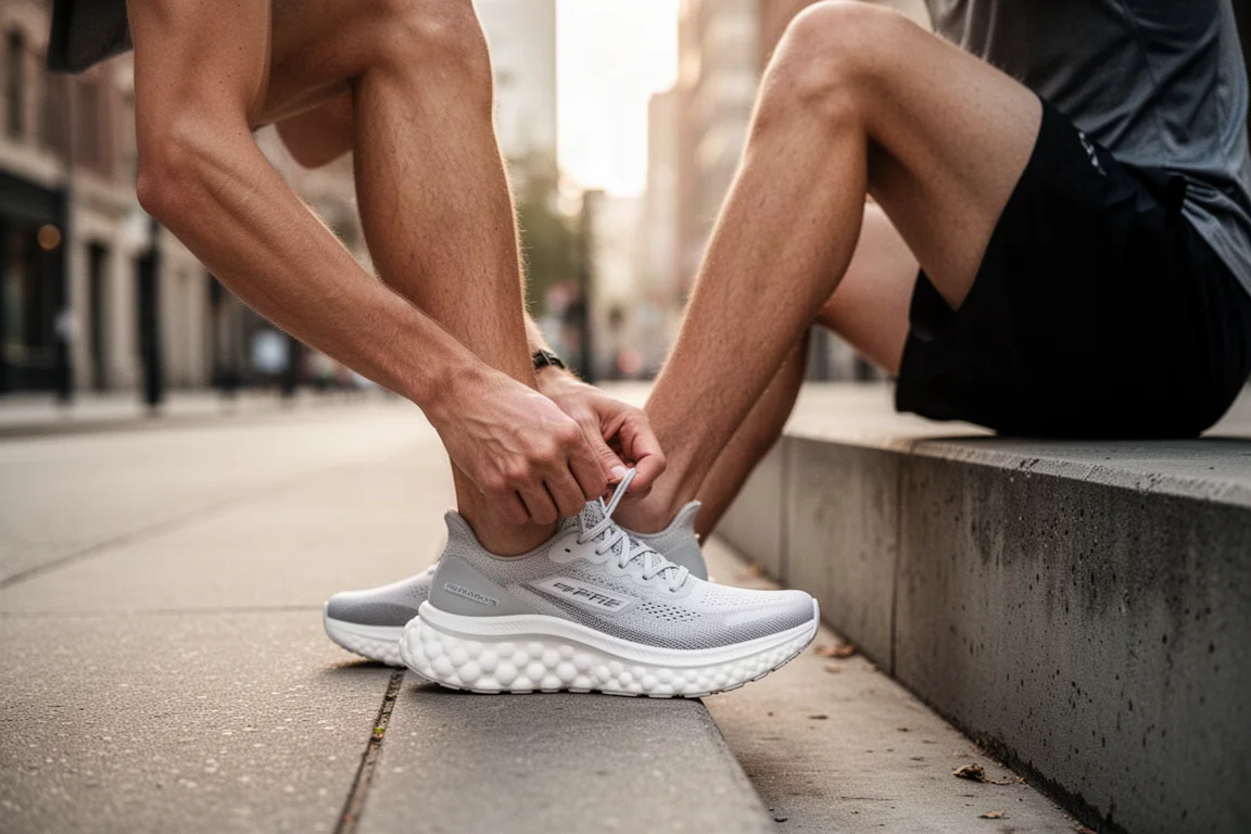 Biegacz zapinający lekkie buty treningowe na cichej ulicy miasta o poranku