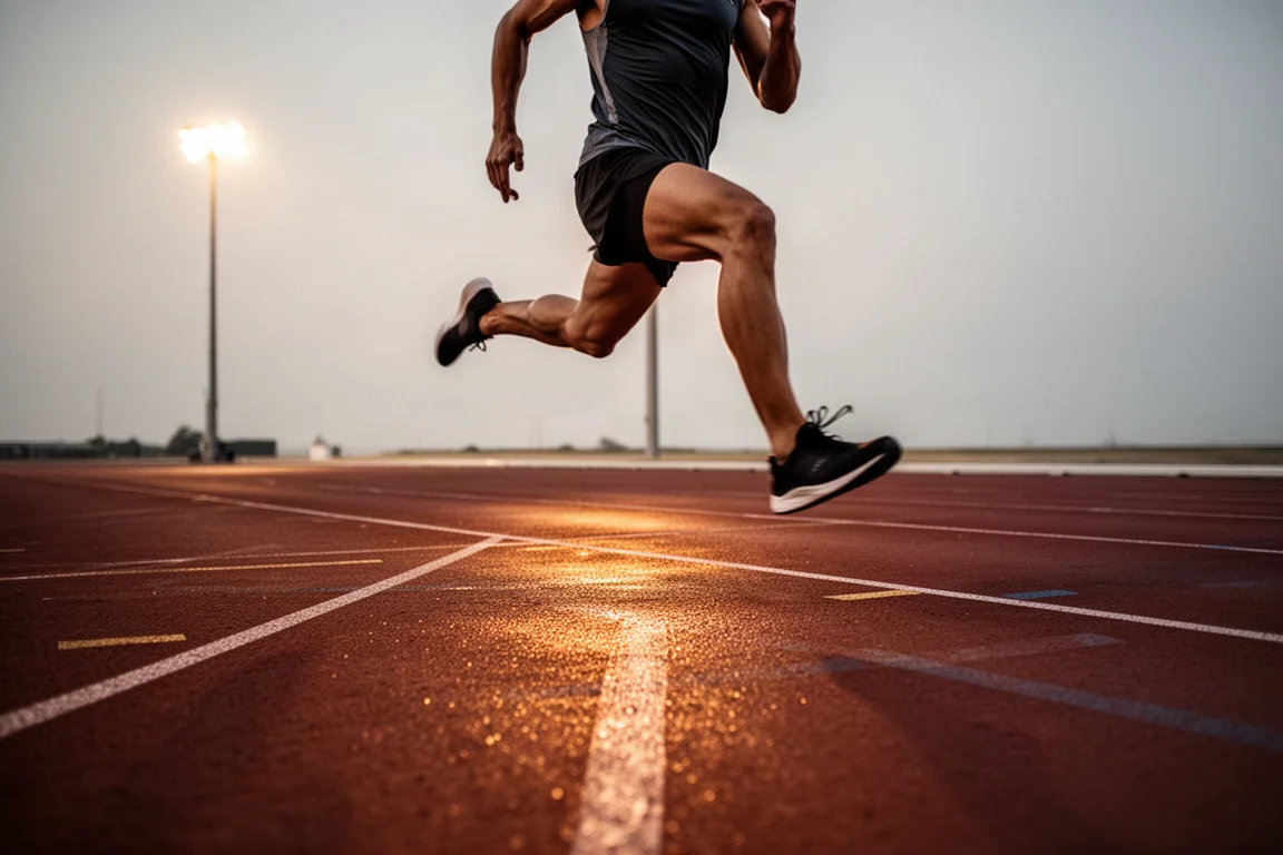 Sportowiec biegnący po torze o zmierzchu pod ciepłymi reflektorami