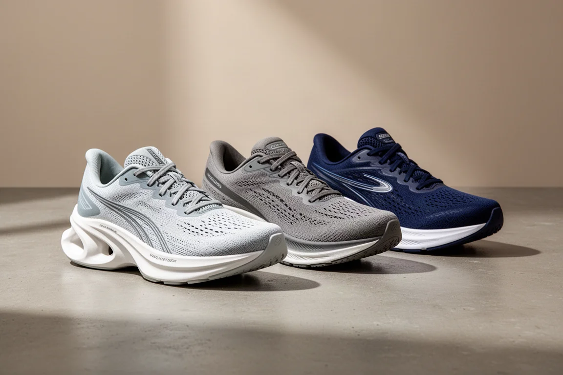 Tre scarpe da running con spesso midsole in schiuma disposte su una superficie di cemento