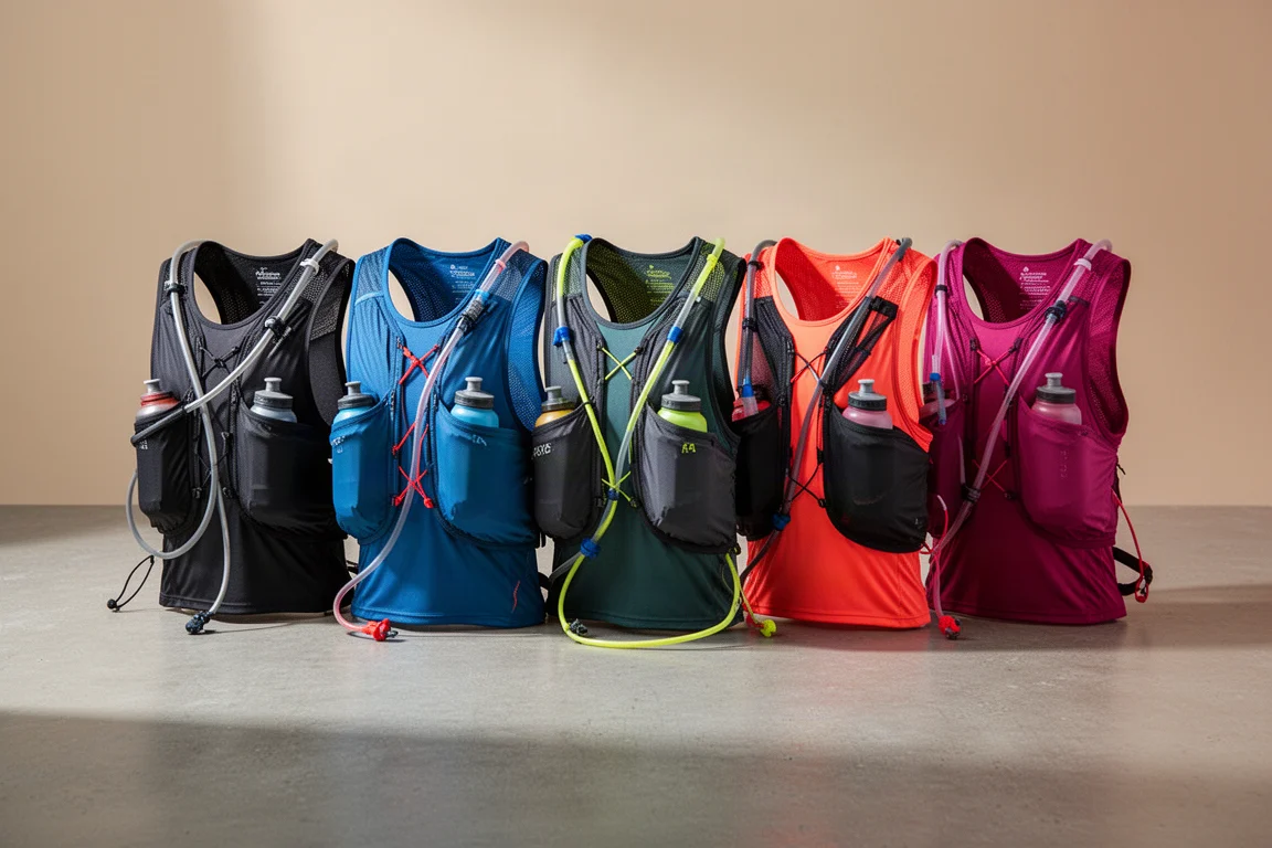 Five running vests and hydration packs arranged in a row on a concrete surface
