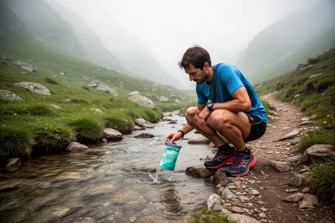 Trail runner filling a soft flask from a clear stream on a remote mountain path