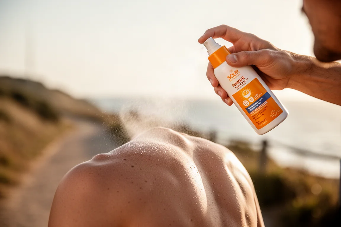 Close-up of a runner spraying sunscreen onto a bare shoulder in bright sunlight