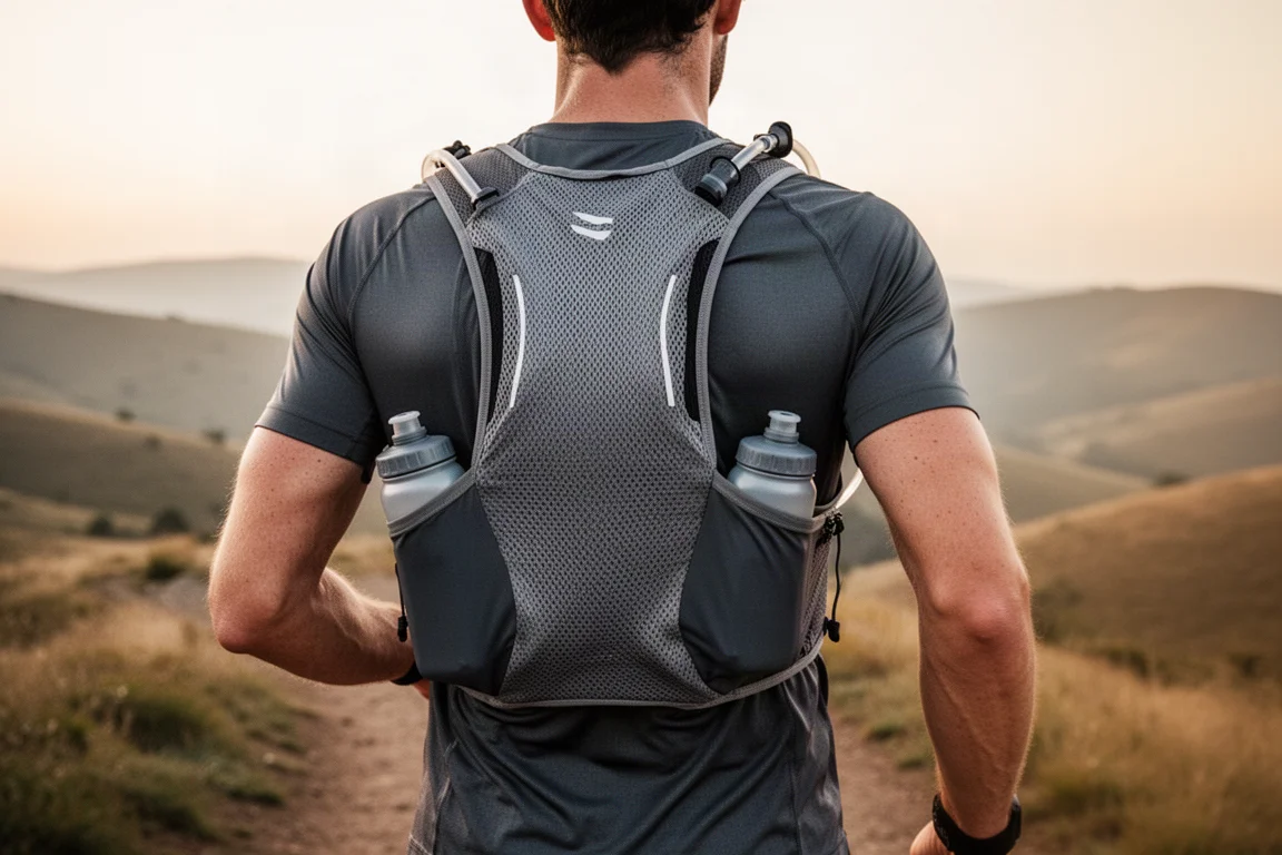 Runner wearing a lightweight hydration vest with flasks on a trailhead path
