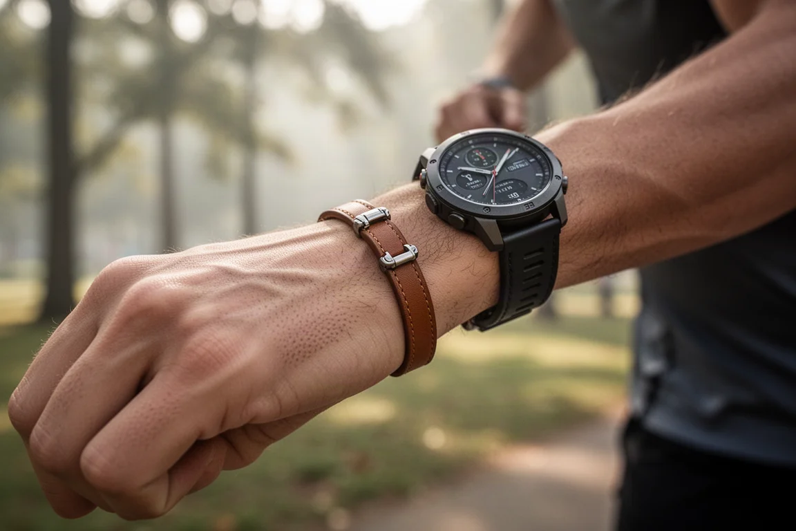 Runner's wrist showing a leather wristband worn alongside a sports watch after a parkrun