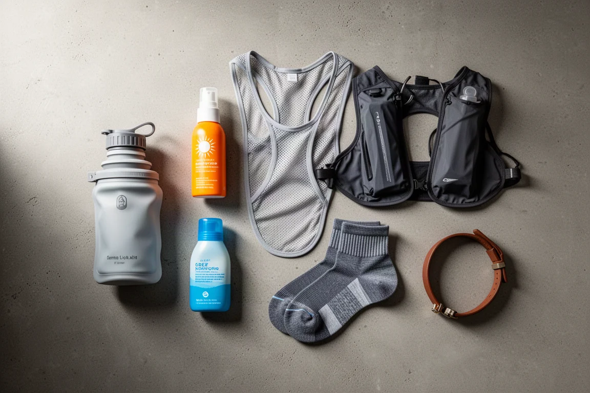 Flat-lay of six running accessories including soft flask, sunscreen, vest, hydration pack, socks and leather wristband
