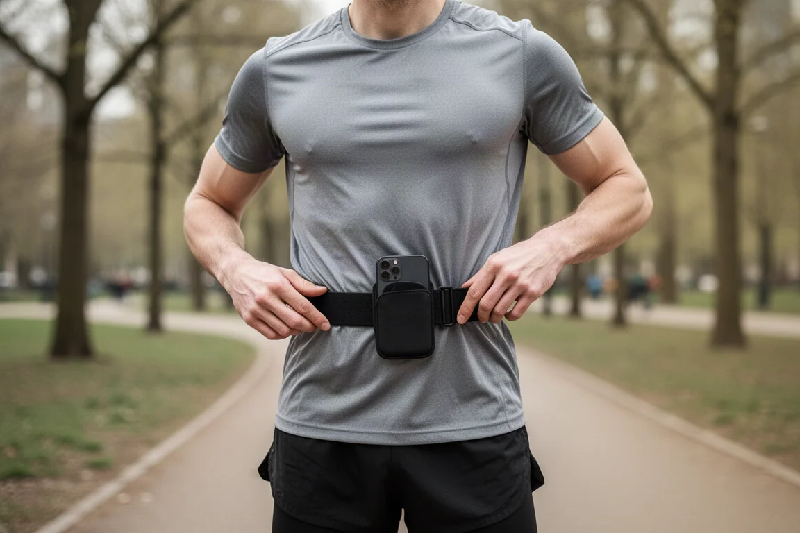 Corredor colocándose un cinturón negro de cintura antes de salir a correr por la ciudad