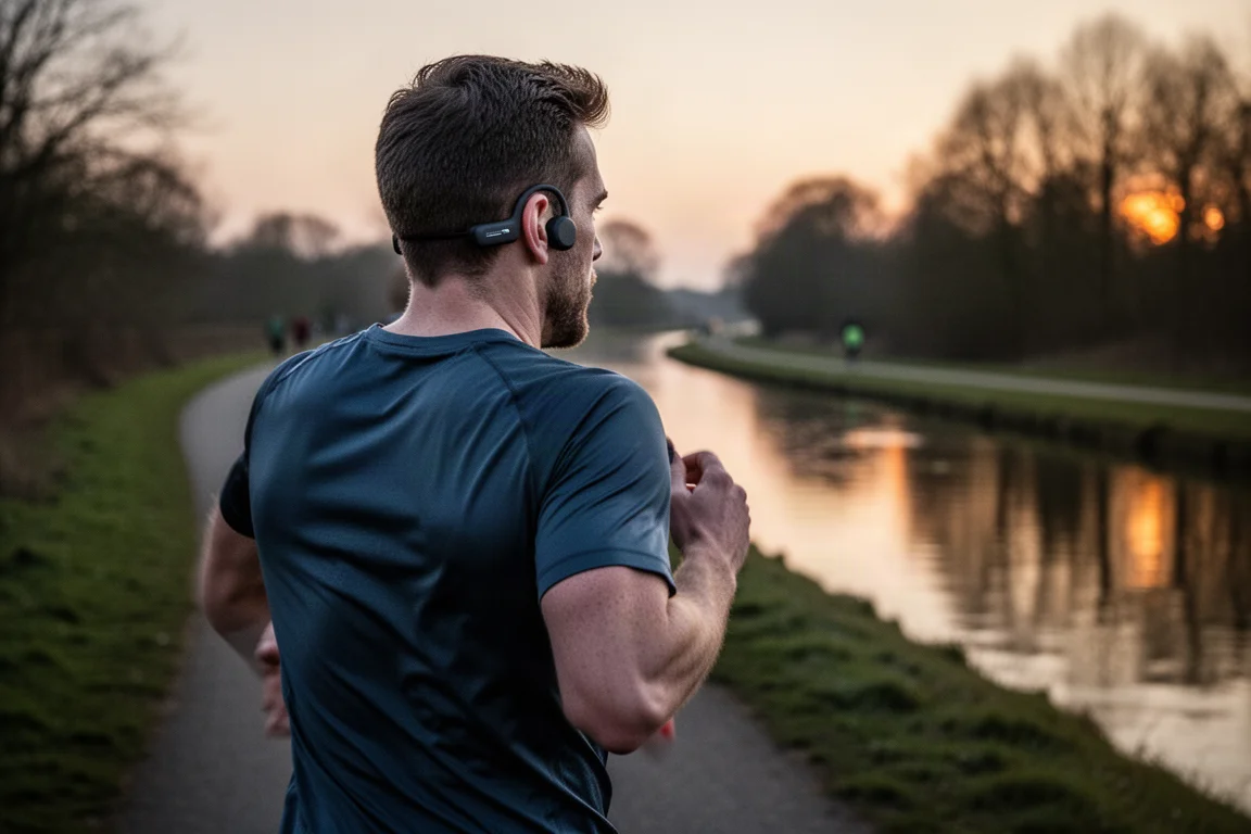 Corredor llevando auriculares abiertos de conducción ósea en un camino de sirga al atardecer