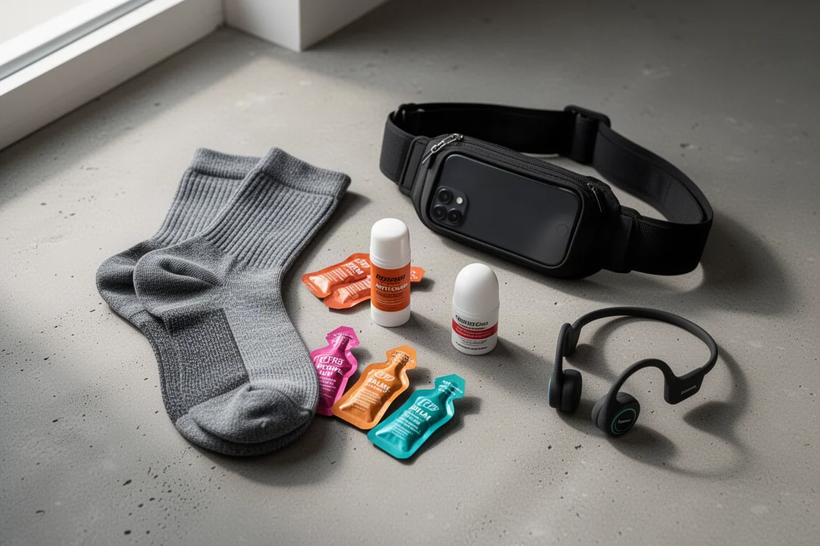 Flat-lay of running socks, energy gels, anti-chafe balm, running belt and bone conduction headphones on concrete